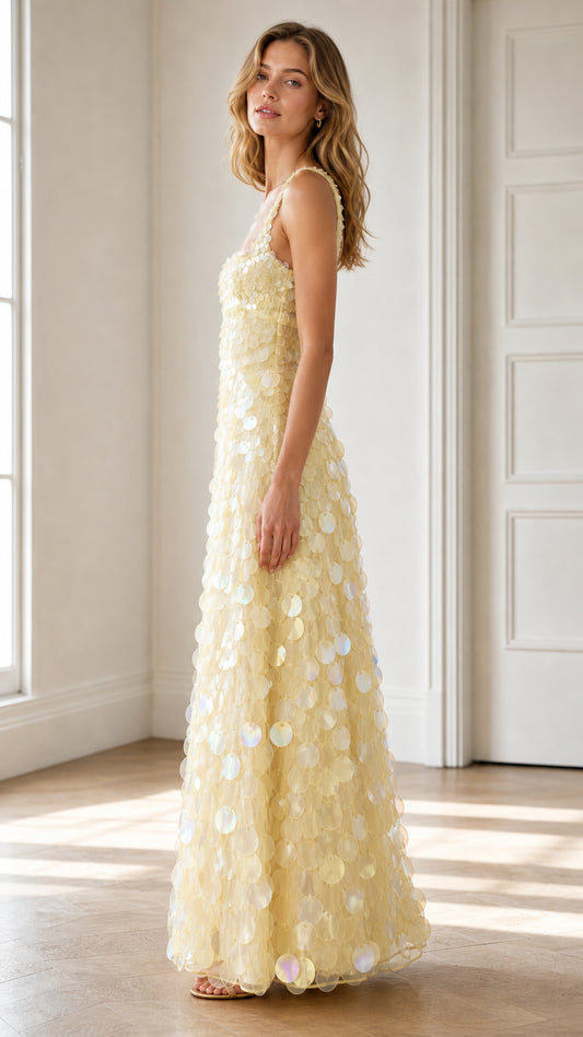 Side profile view of pale yellow shimmering sequin A-line formal gown