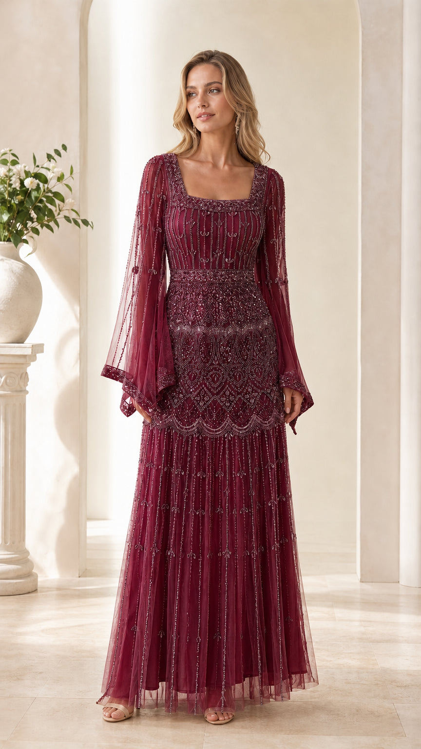 Front view of burgundy wine red beaded formal evening dress