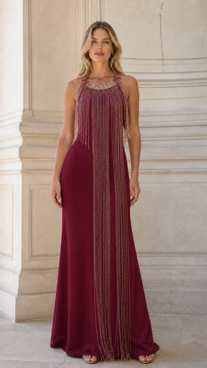 Model wearing Burgundy wine sleeveless beaded fringe evening gown