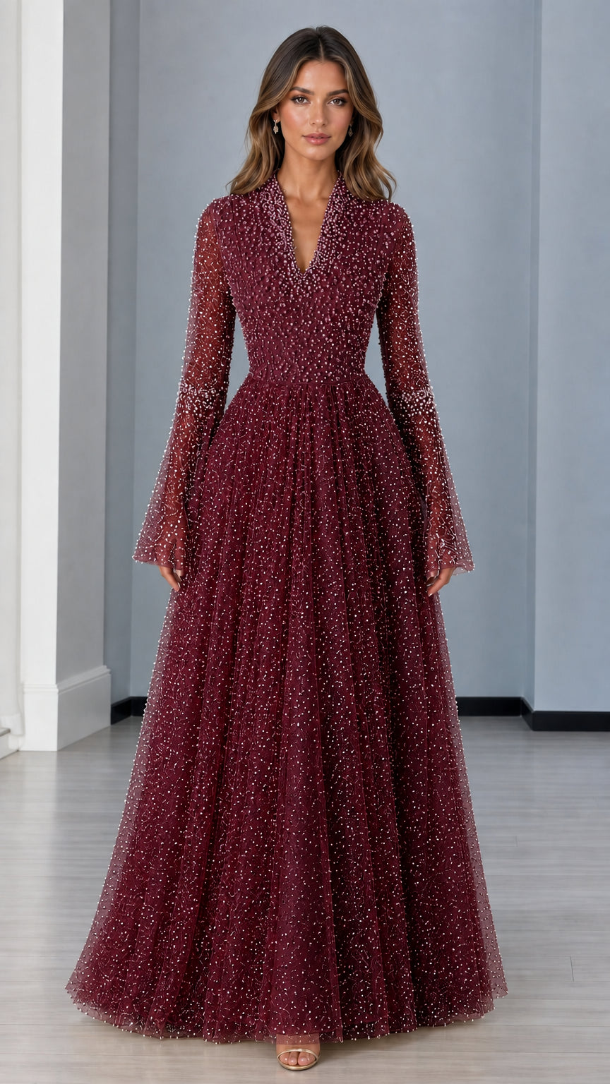 Front view of burgundy wine pearl-embellished floor length formal dress
