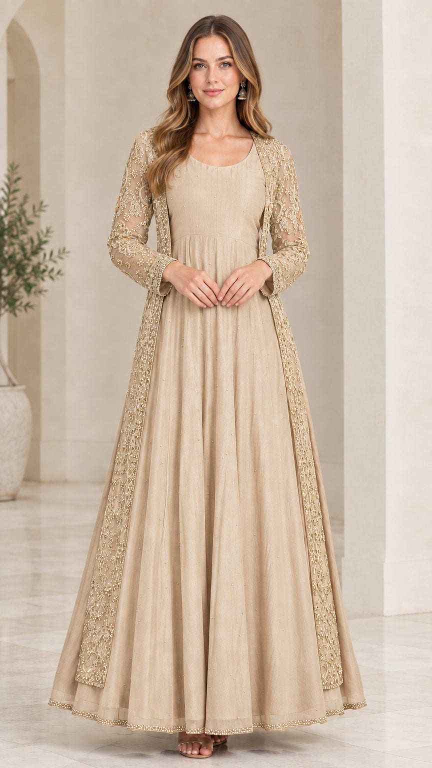 Champagne beige evening gown set with delicate gold embroidered sheer overlay