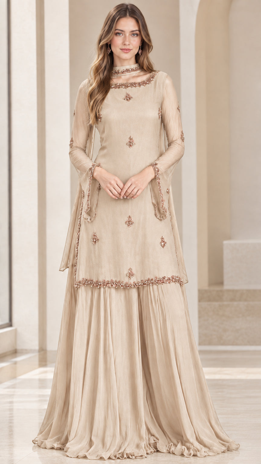 Model wearing champagne beige embroidered evening tunic and sharara set