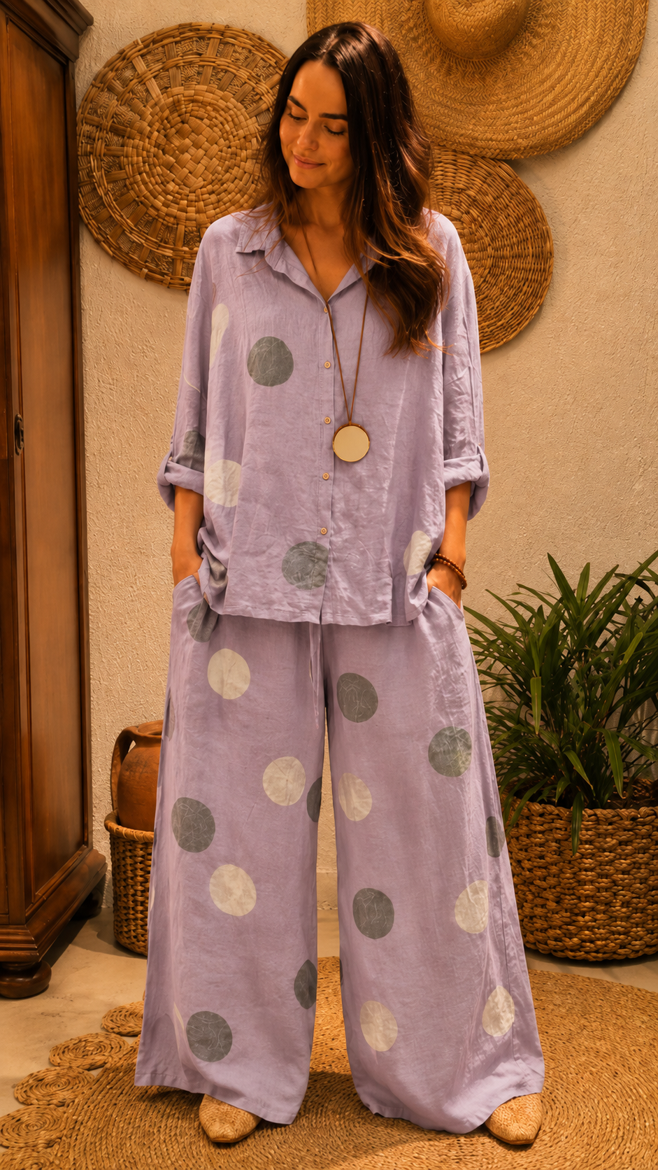 Lavender polka dot shirt and wide leg pants set with loose drape and casual elegant styling