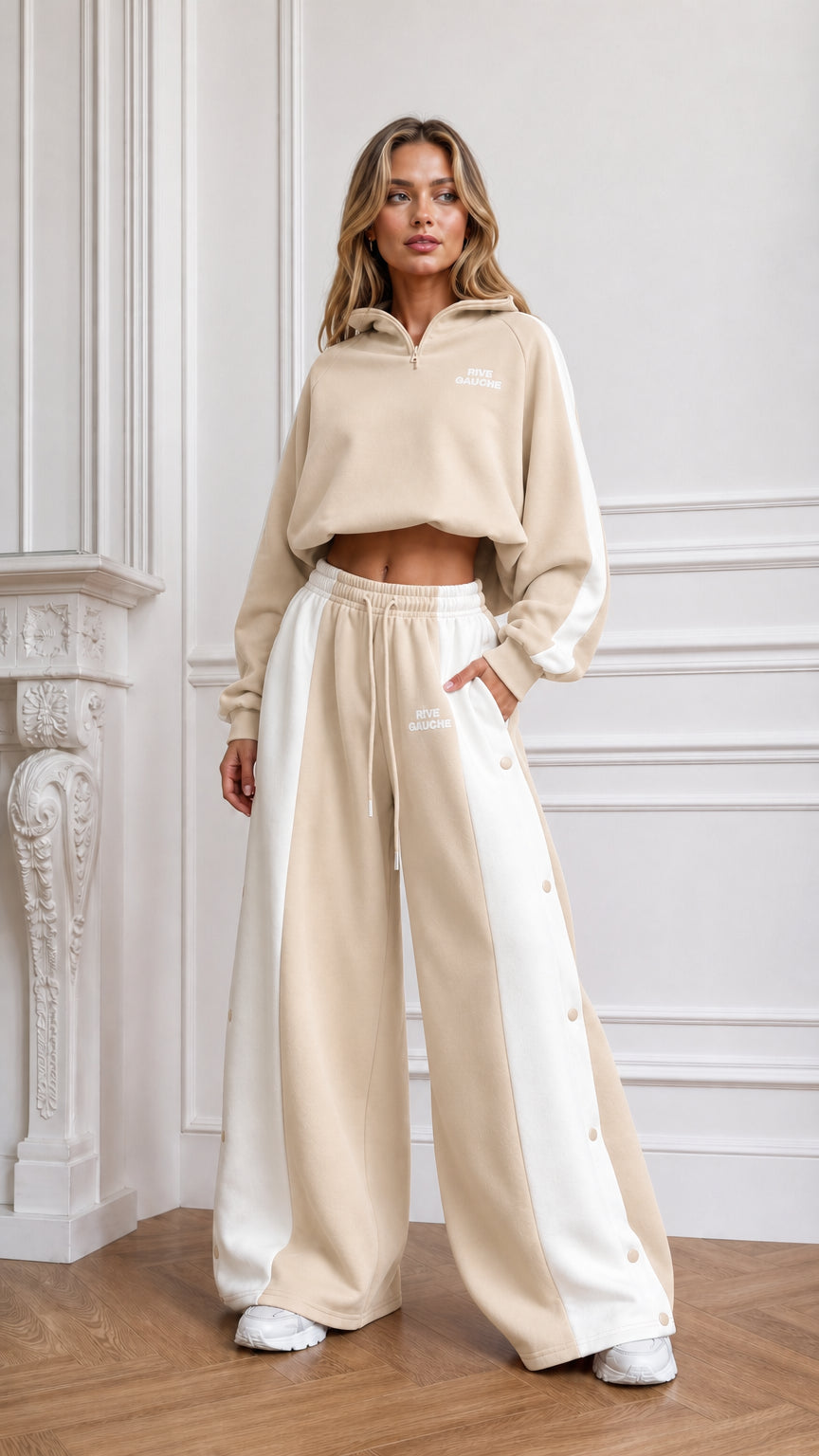 Beige sand cropped hoodie and wide-leg side-snap track pants two-piece set