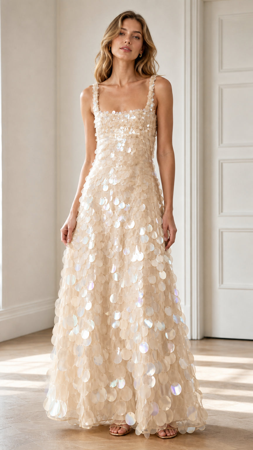 Full-length front view of champagne ivory sparkling sequin floor-length formal dress