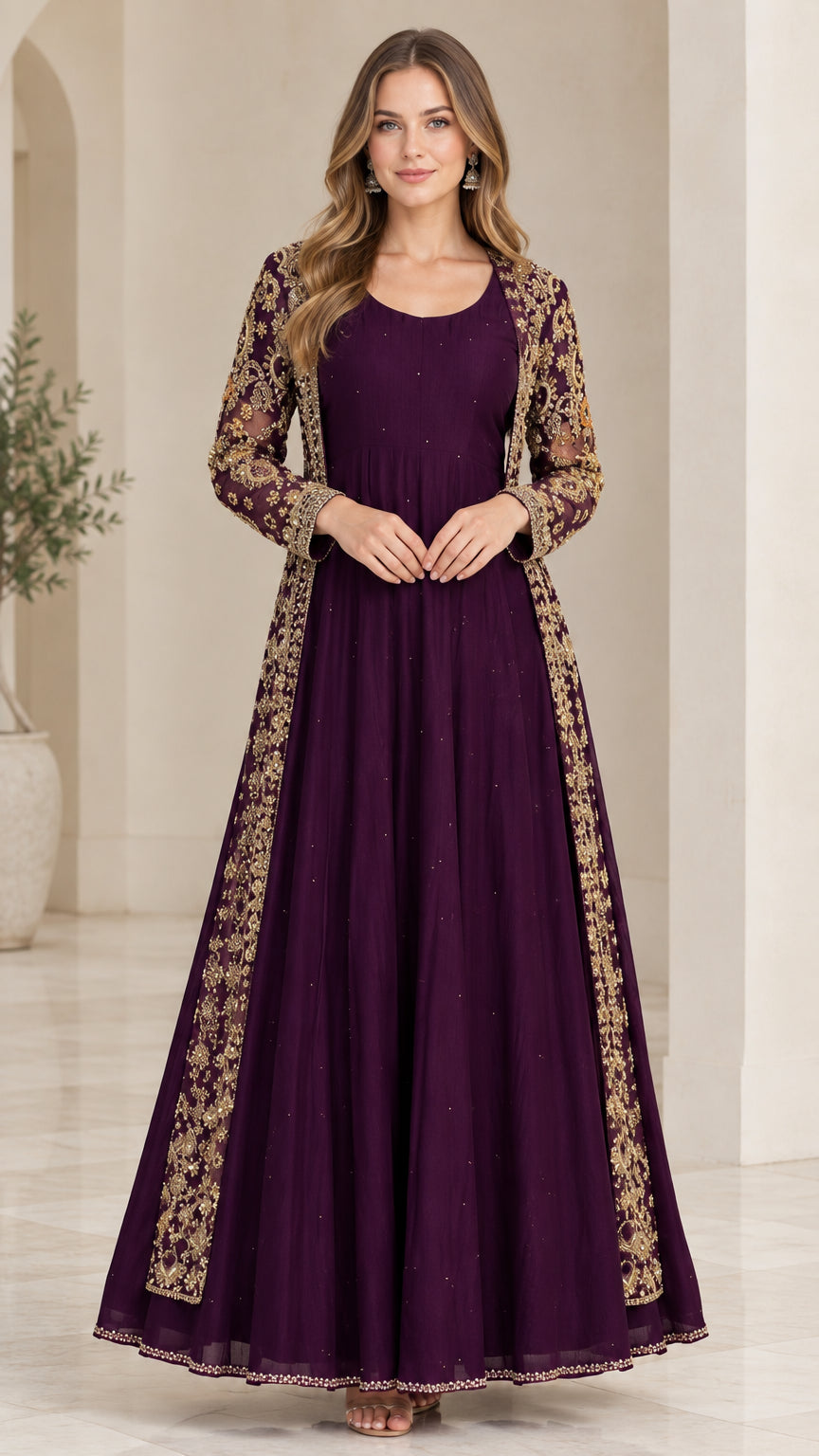 Full-length front view of deep purple A-line maxi dress paired with a gold embroidered longline sheer jacket