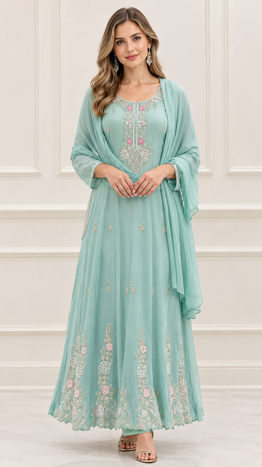 Front view of mint green embroidered maxi dress with matching sheer scarf