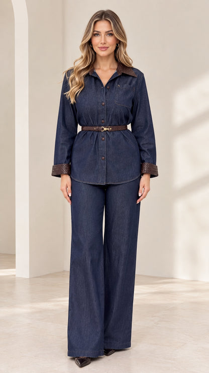 Full front view of model wearing Dark Blue belted button-up shirt and wide-leg trousers set