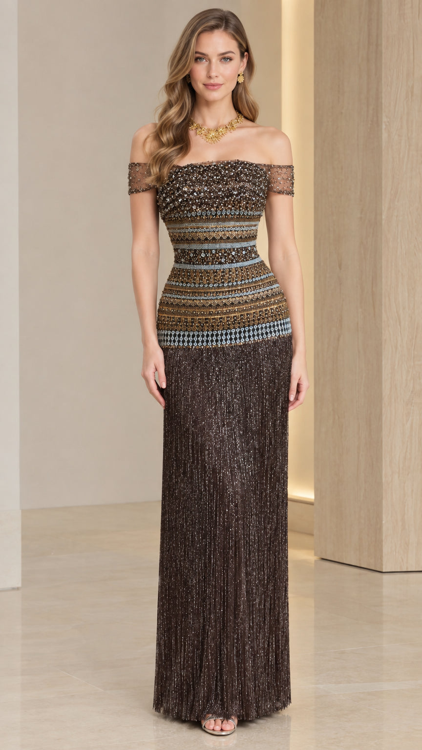 Chocolate brown off-the-shoulder beaded evening gown front view