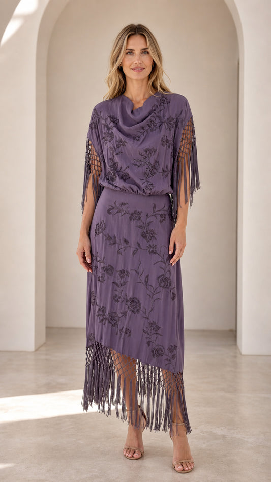 Dusty purple floral embroidered maxi dress with cowl neck and macrame fringe hem
