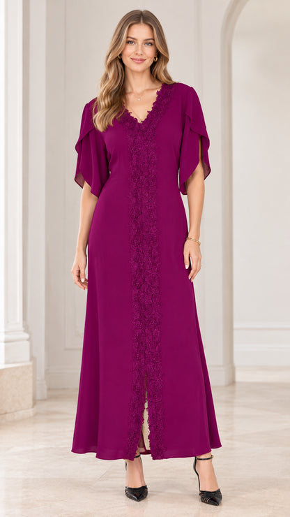 Full front view of model wearing magenta lace-trim flutter sleeve maxi dress