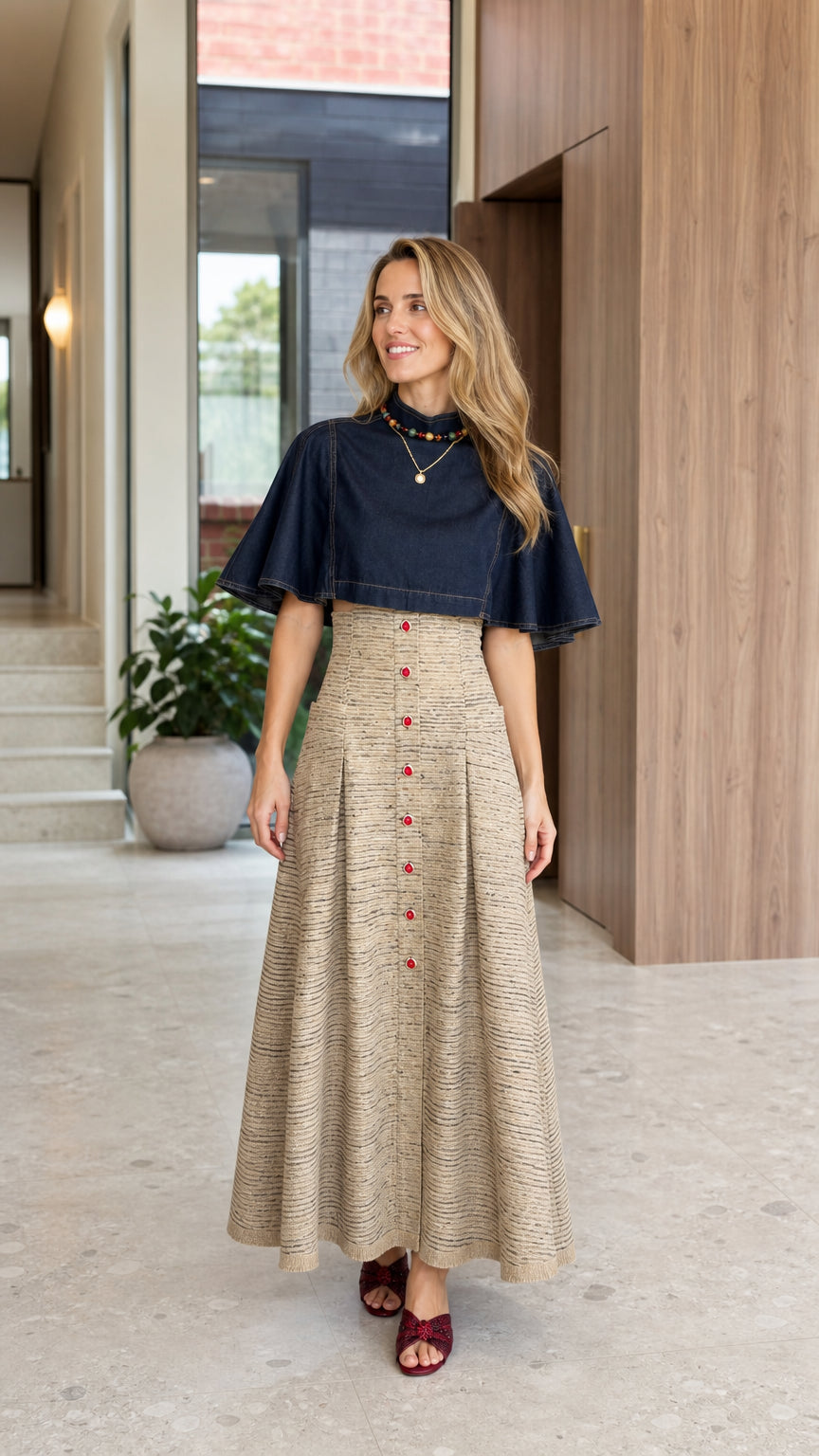 Front full-length view of woman wearing Navy Blue and beige textured capelet mock neck maxi dress