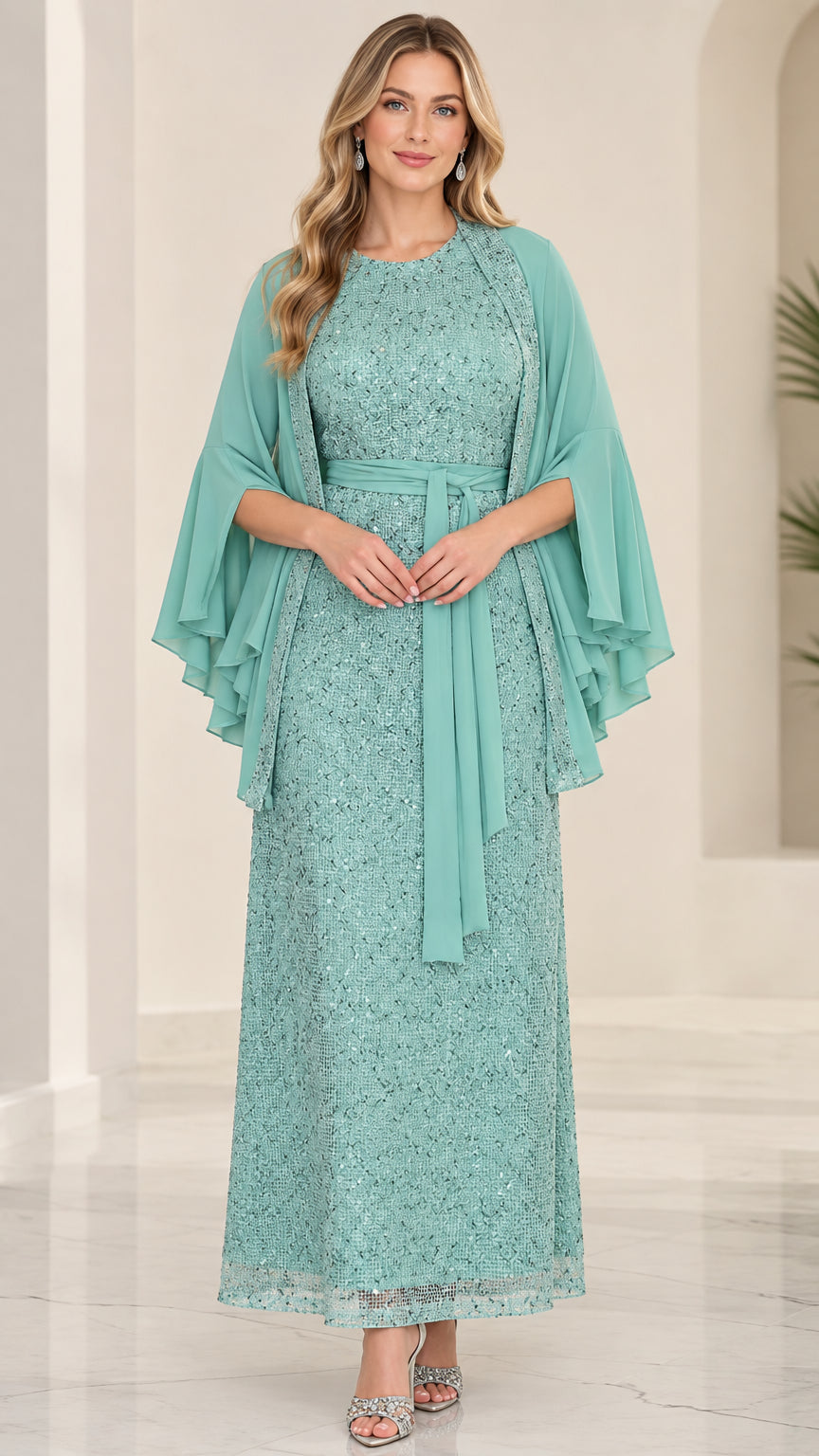 Full front view of sage green sequined lace maxi dress with tiered chiffon capelet