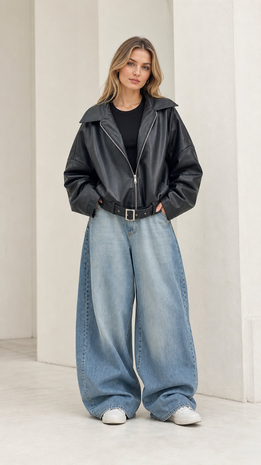 Full front view of model wearing black oversized faux leather jacket with wide-leg jeans