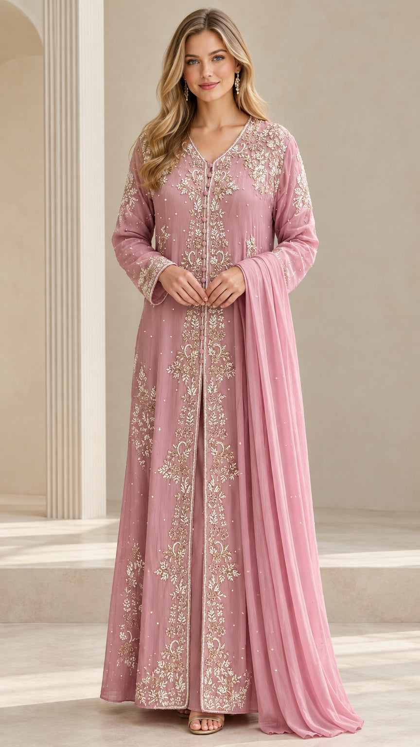 Full front view of dusty rose floral embroidered maxi gown with matching draped shawl