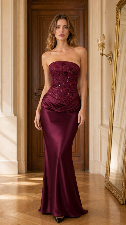 Burgundy strapless embroidered corset satin maxi evening gown front view