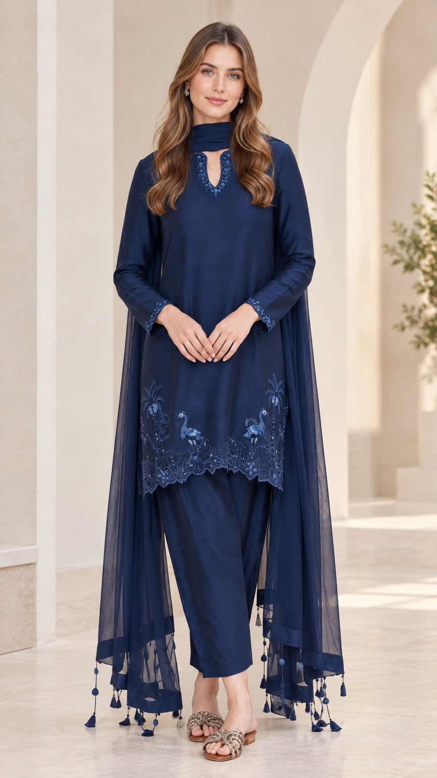Women's navy blue embroidered 3-piece tunic pant set with scarf front view