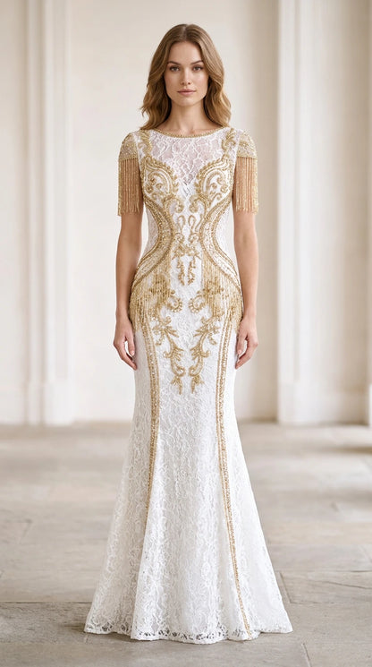 Front view of white lace mermaid evening gown with gold beaded baroque embellishments and fringe sleeves