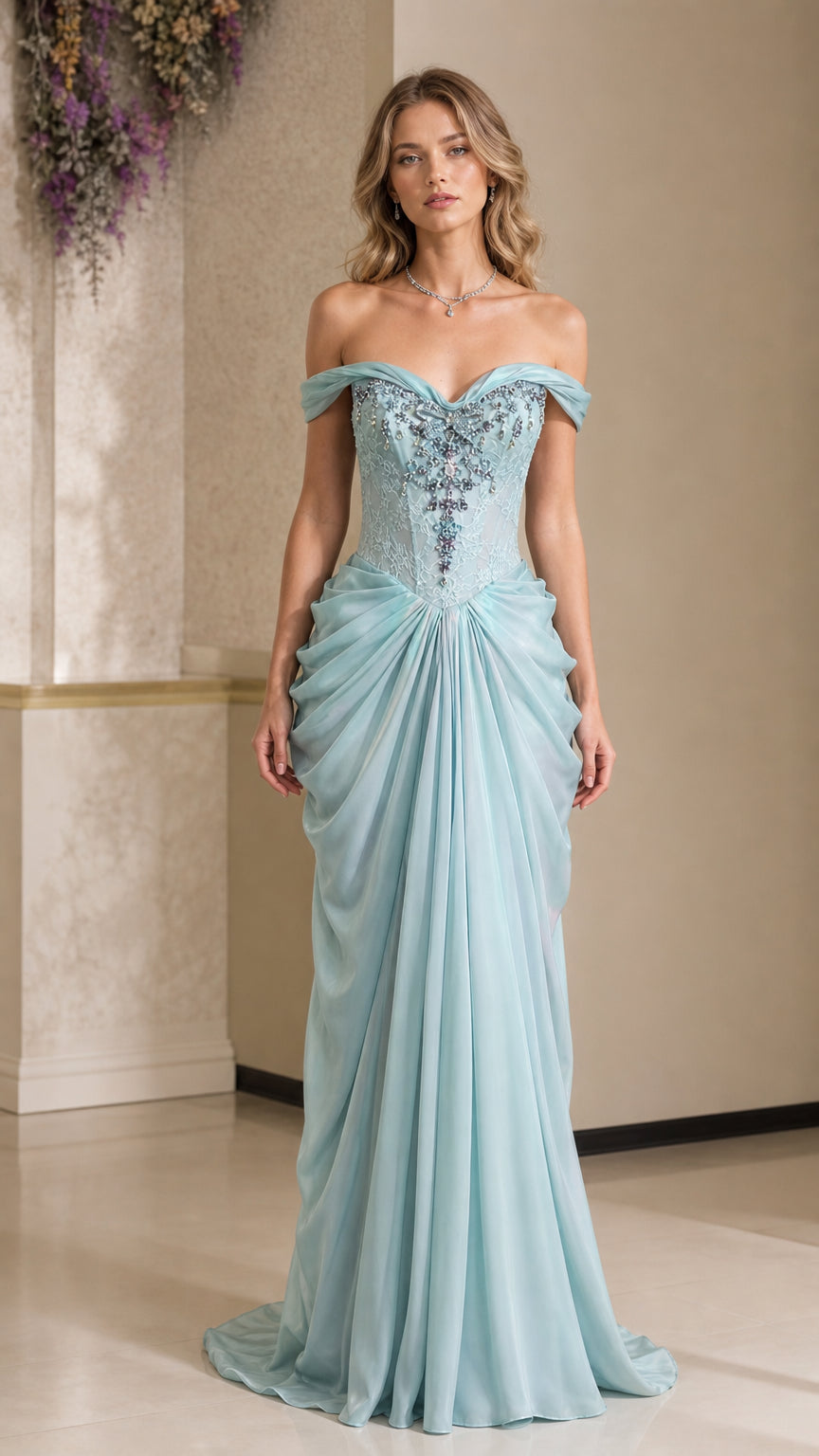Front full view of sky blue off-the-shoulder beaded chiffon evening gown