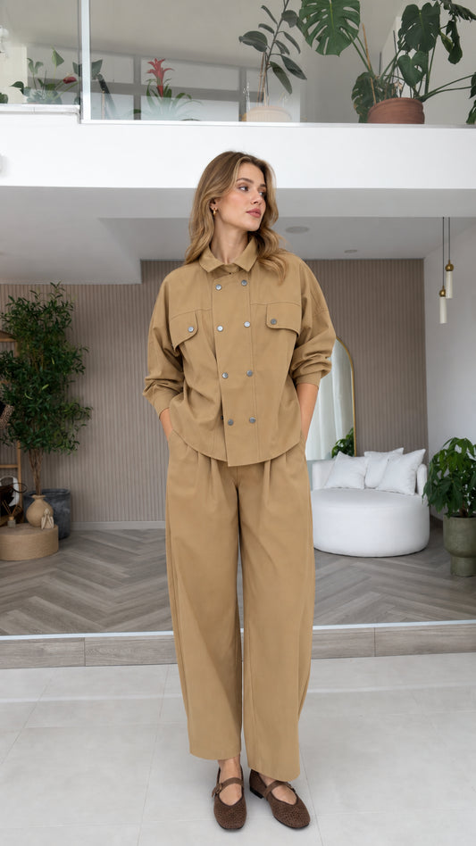 Women's camel double-breasted long sleeve shirt and wide-leg trousers matching set front view