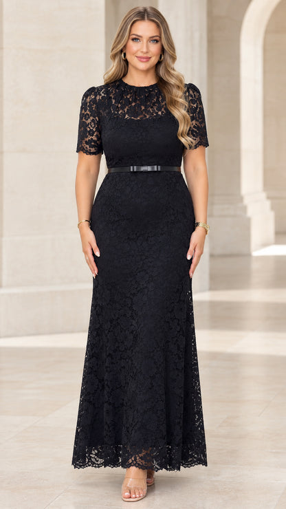 Front full-length view of woman wearing elegant Black floral lace short sleeve maxi dress with belt