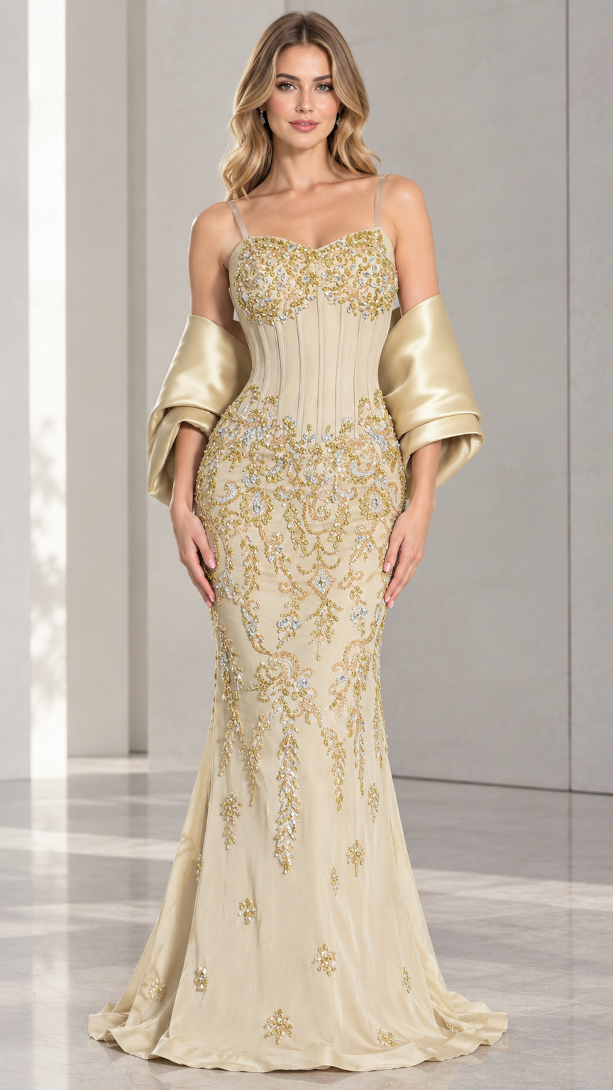 Front view of Champagne embellished corset mermaid gown with matching gold satin shawl