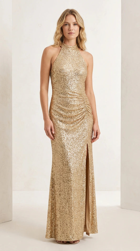 Front full-length view of model wearing the champagne gold halter sequin ruched evening maxi dress