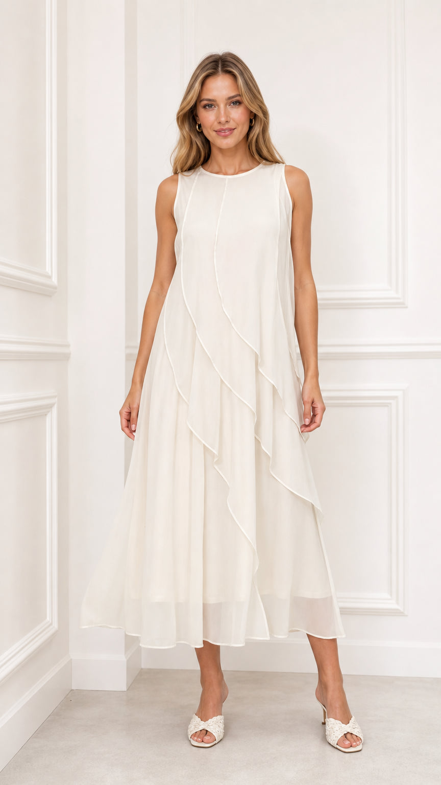 Front view of model wearing ivory sleeveless tiered chiffon midi dress