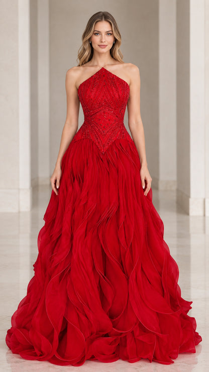 Front view of woman wearing Red Beaded Halter Tiered Ruffle Ball Gown