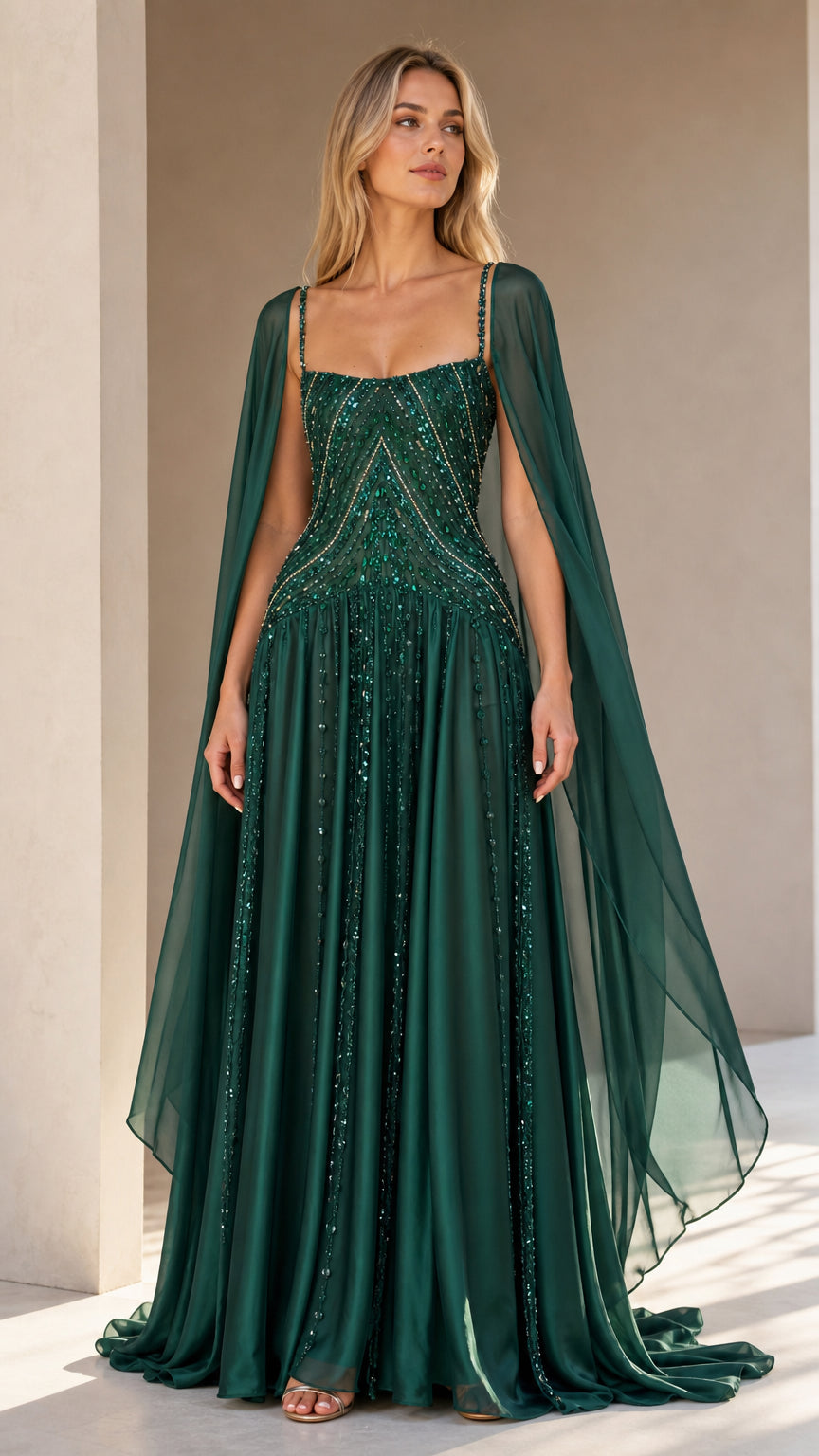 Front view of model wearing emerald green beaded cape evening gown