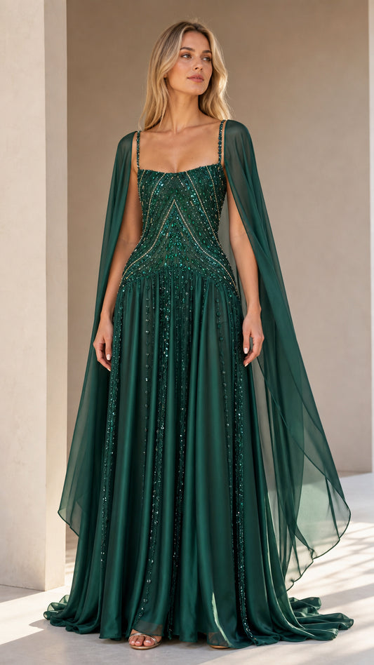 Front view of model wearing emerald green beaded cape evening gown