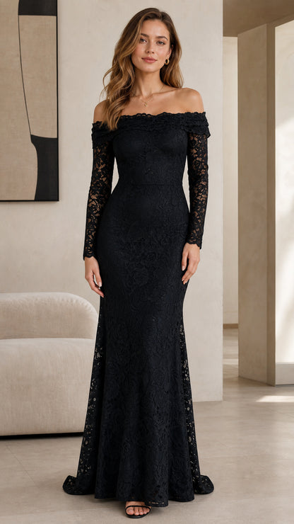 Front view of model wearing black off-the-shoulder long sleeve lace mermaid gown