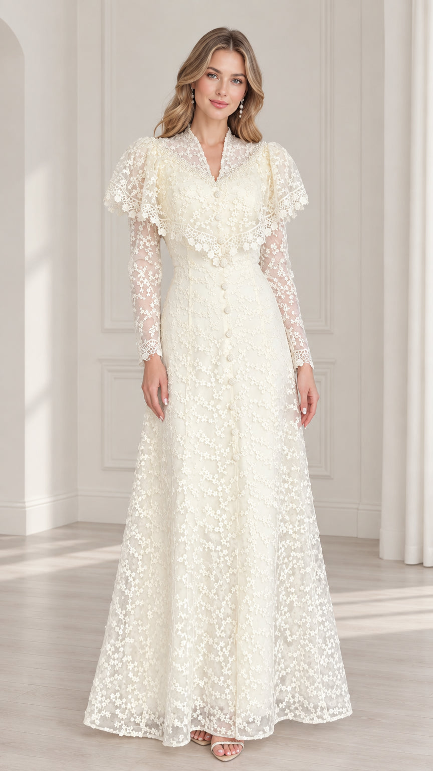 Ivory floral lace long sleeve maxi dress with capelet collar front view