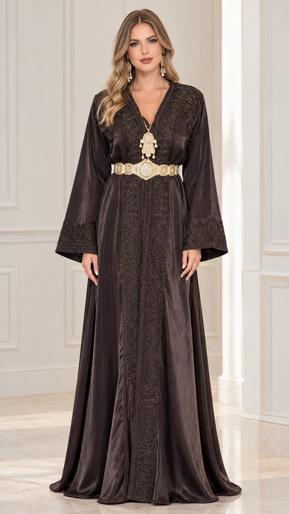 Front full view of black embroidered satin kaftan maxi dress with gold belt
