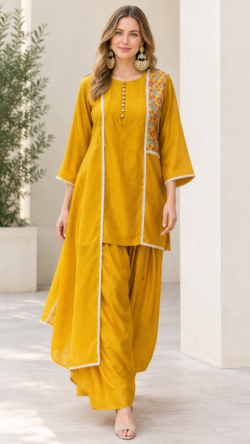 Front view of woman wearing Mustard Yellow asymmetrical kurta and dhoti pant set