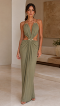 Front view of olive ruched cutout halter maxi dress with deep neckline and ring detail