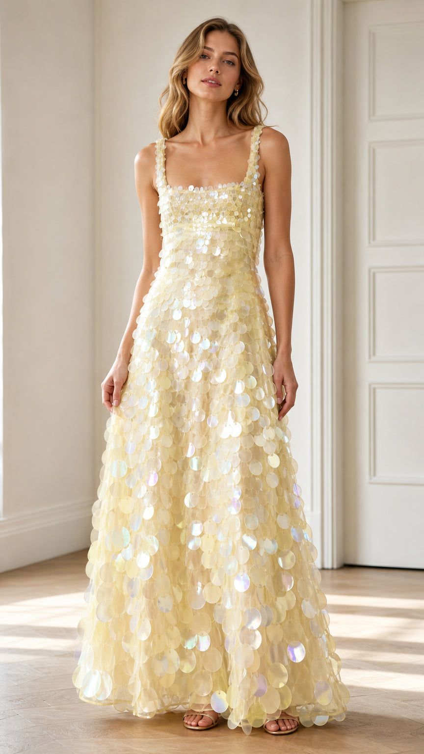 Front full-length view of model wearing pale yellow paillette sequin sleeveless square neck maxi dress