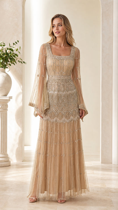 Front view of model wearing Champagne beaded evening gown with flare sleeves