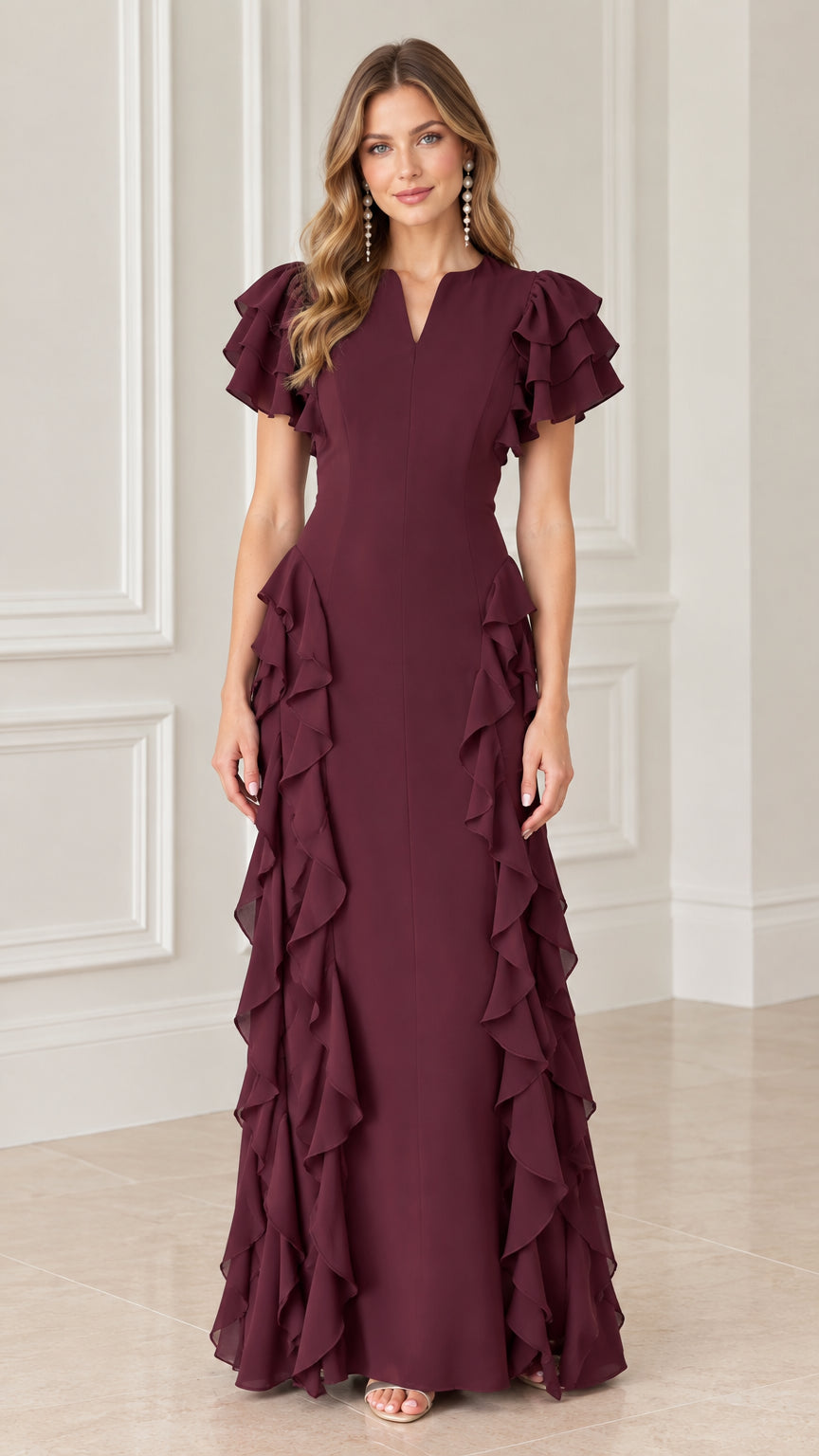 Front view of model wearing burgundy split V-neck maxi dress with tiered ruffle sleeves