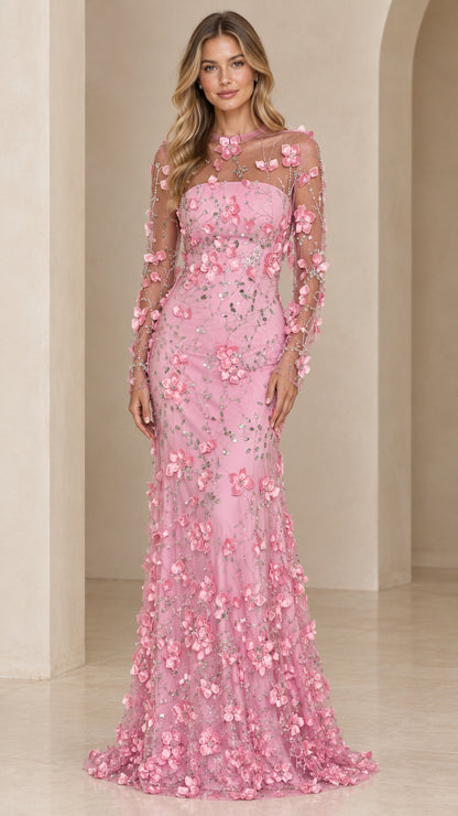 Pink 3D floral appliqué long sleeve mermaid evening gown front view