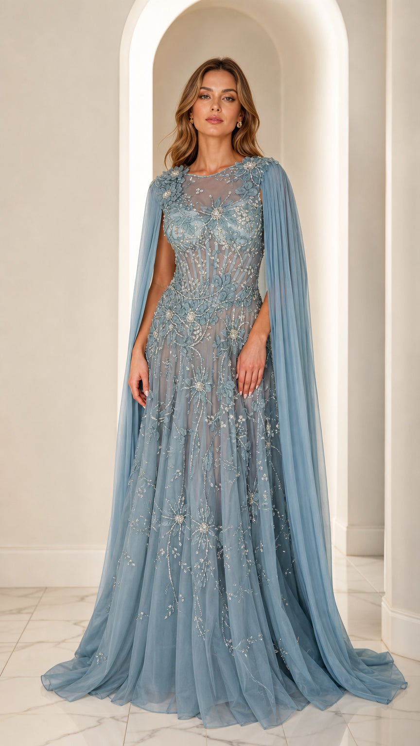 Dusty blue floral beaded evening gown with draped cape sleeves front view
