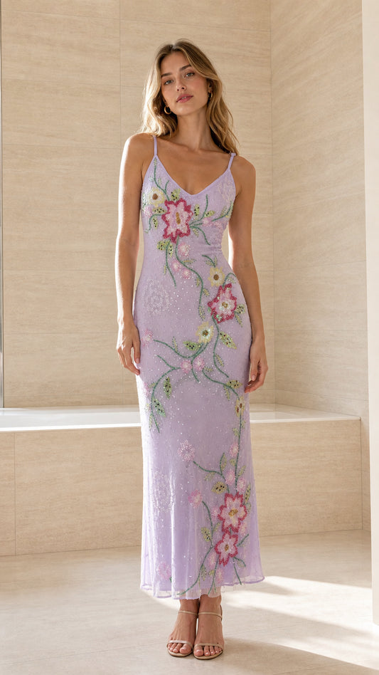 Lavender floral embroidered beaded maxi slip dress front view