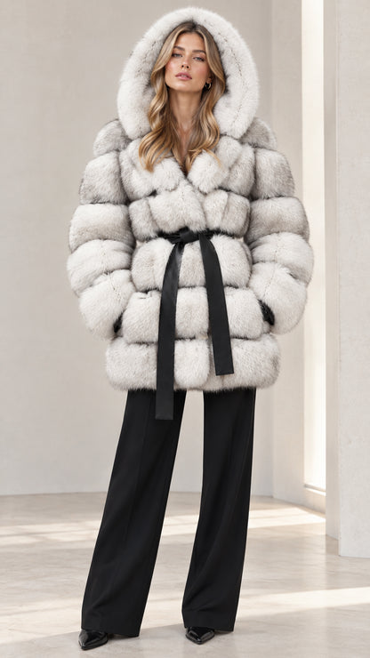 Front view of woman wearing Light Grey hooded belted faux fur coat with black trousers