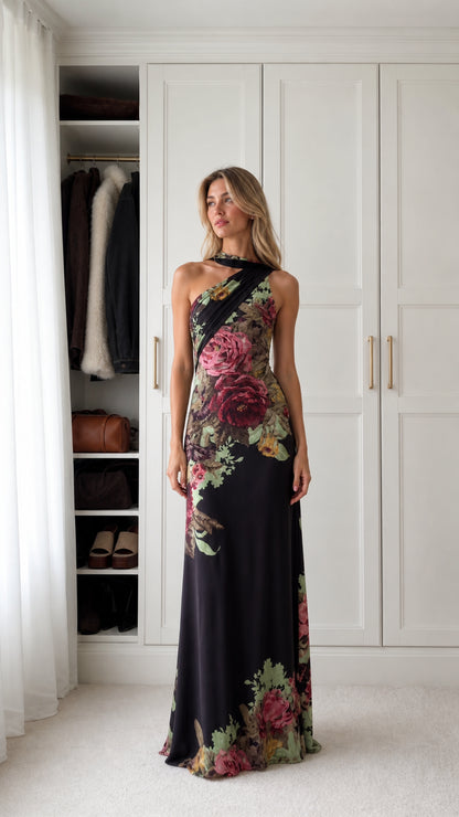 Black floral halter maxi dress front view on model