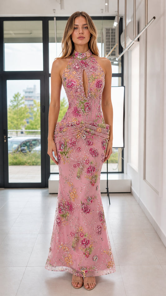 Front view of model wearing pink floral sequin halter evening dress