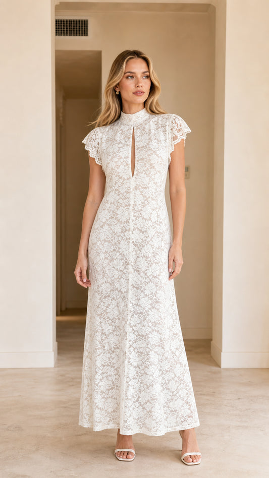 Front view of model wearing white high neck floral lace maxi dress