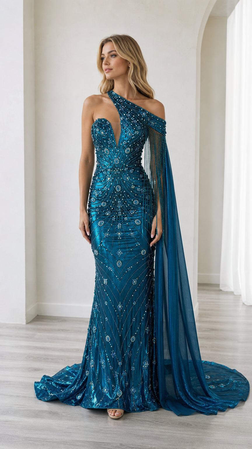 Front full-length view of a woman wearing a teal blue beaded one-shoulder evening gown with attached cape