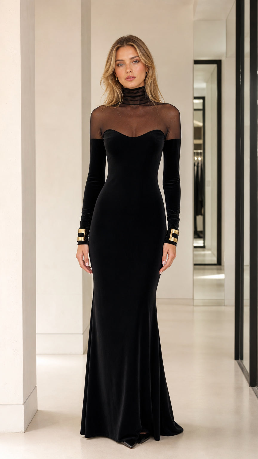 Front view of black sheer mesh high neck velvet maxi evening gown