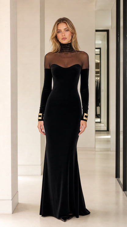 Front view of black sheer mesh high neck velvet maxi evening gown