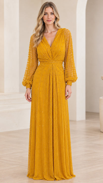 Front view of mustard yellow pleated V-neck long sleeve formal evening gown